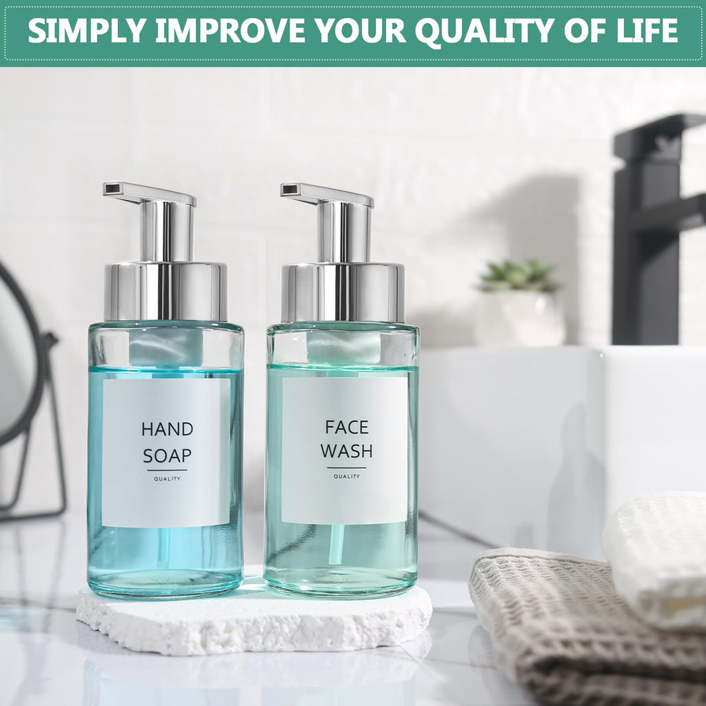 RYTOXILO Glass Soap Dispenser, 10 oz/300ml Foaming Soap Dispenser, 2 Pack Foaming Hand Dispenser for Bathroom & Kitchen, Clear Refillable Foam Soap Bottle with Silver Pump