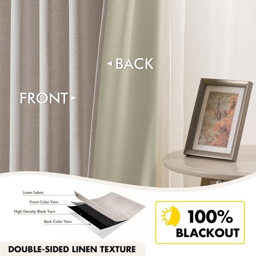 EMEMA Ivory White Linen Blackout Curtains - Thermal Insulated Room Darkening Drapes | 63 Inch Length, 2 Panels