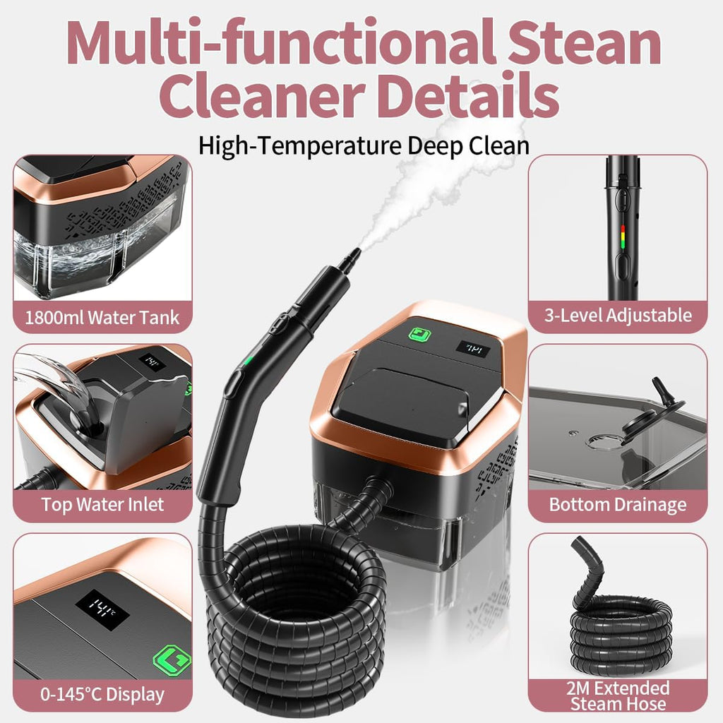Skiennix Steam Cleaner - 3-Level Adjustable Steamer with Temp Display & 1.8L Tank | Fast Heat in 15s for Home & Car Cleaning