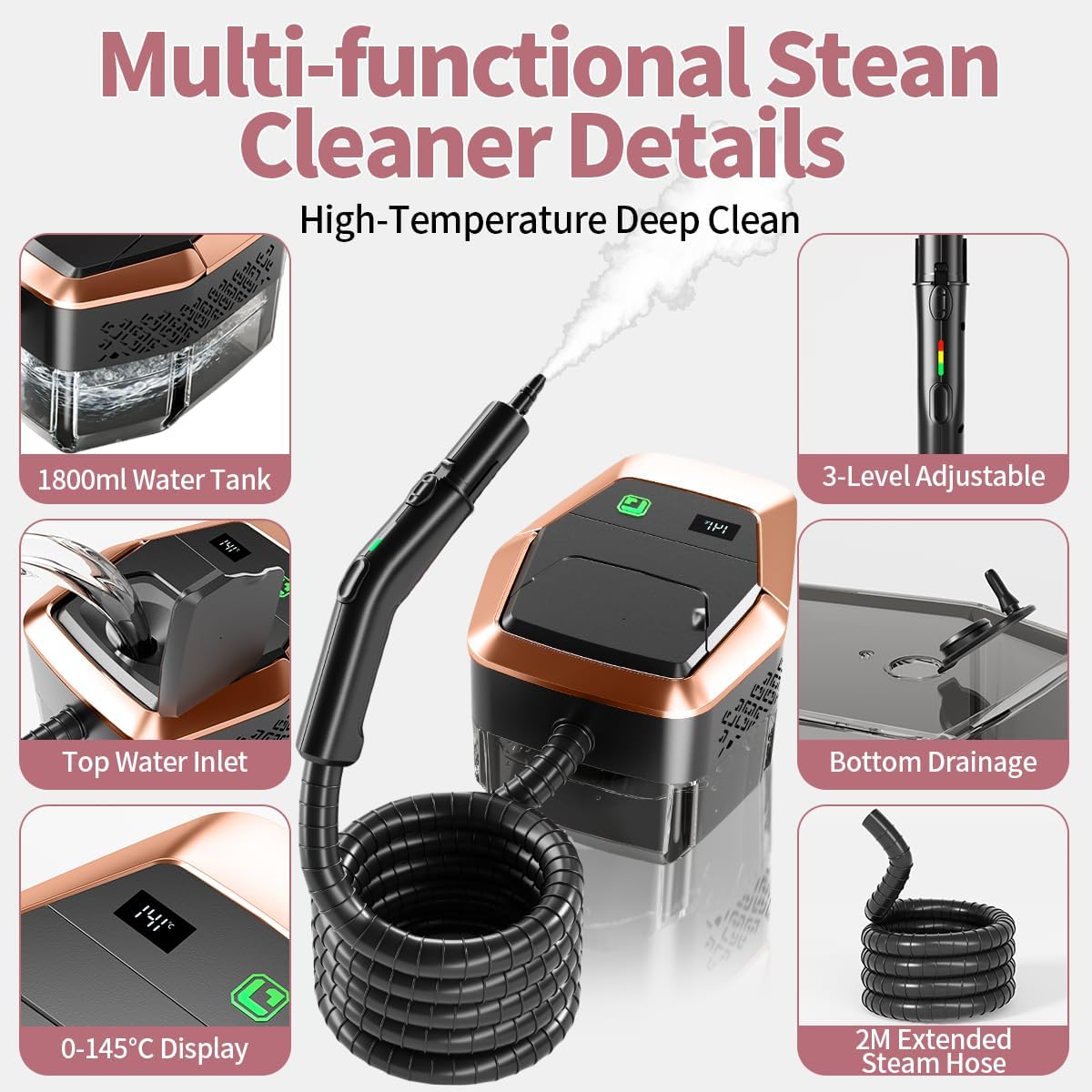 Skiennix Steam Cleaner - 3-Level Adjustable Steamer with Temp Display & 1.8L Tank | Fast Heat in 15s for Home & Car Cleaning