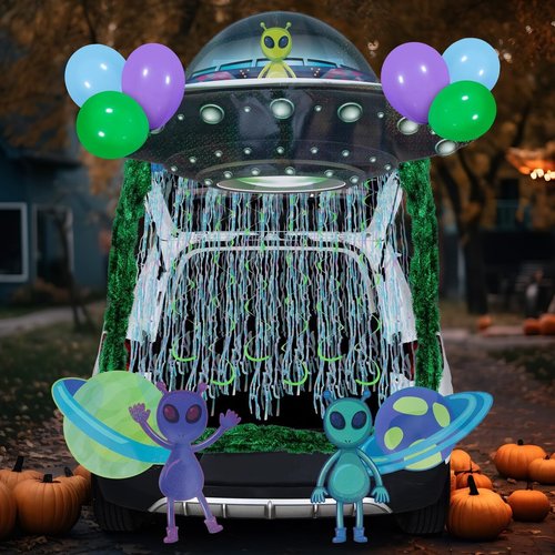 JOYIN Halloween UFO Aliens Trunk Or Treat Car Decorations Kit for SUV Outdoor Indoor Decor Planets, Haunted House Archway Garage Lawn Balloons, Streamer Tinsels Strips