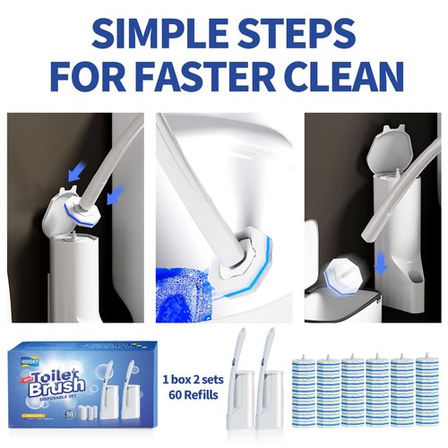 Hohoky Disposable Toilet Brush Cleaning System, Two Sets of Wands and 60p Refills Pads Replacement Heads, Wall Mounted Toliet Stick Wand Starter Kit Bathroom Maintenance, Toilet Bowl Cleaner Holder