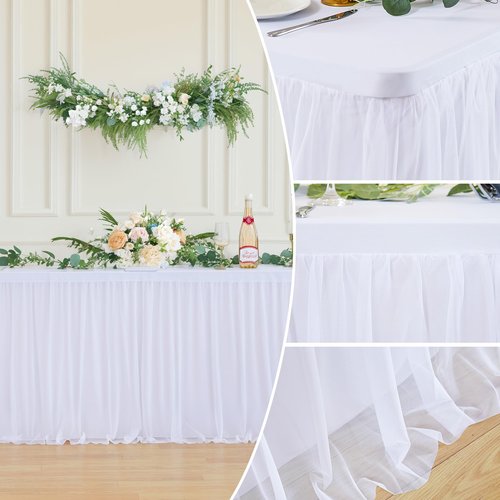 4 Pack 6ft White Table Cloths Rectangle Tulle Tablecloth Fitted White Tablecloths for 6 foot Rectangle Tables Stretch Spandex Table Covers for Parties Wedding Birthday Events Banquet Desk Tables Skirt