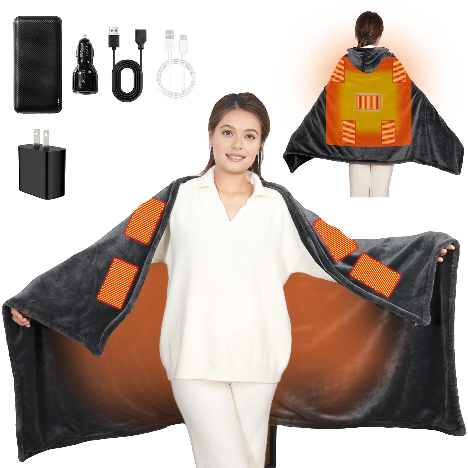 Cordless Heated Blanket with Hood, USB Battery Powered Heated Wearable Blanket with 9 Heating Zones, 20000 mAh Power Bank, 3 Levels, Portable Heated Throw Blanket, Heated Shawl (Warm Comfort Gray)