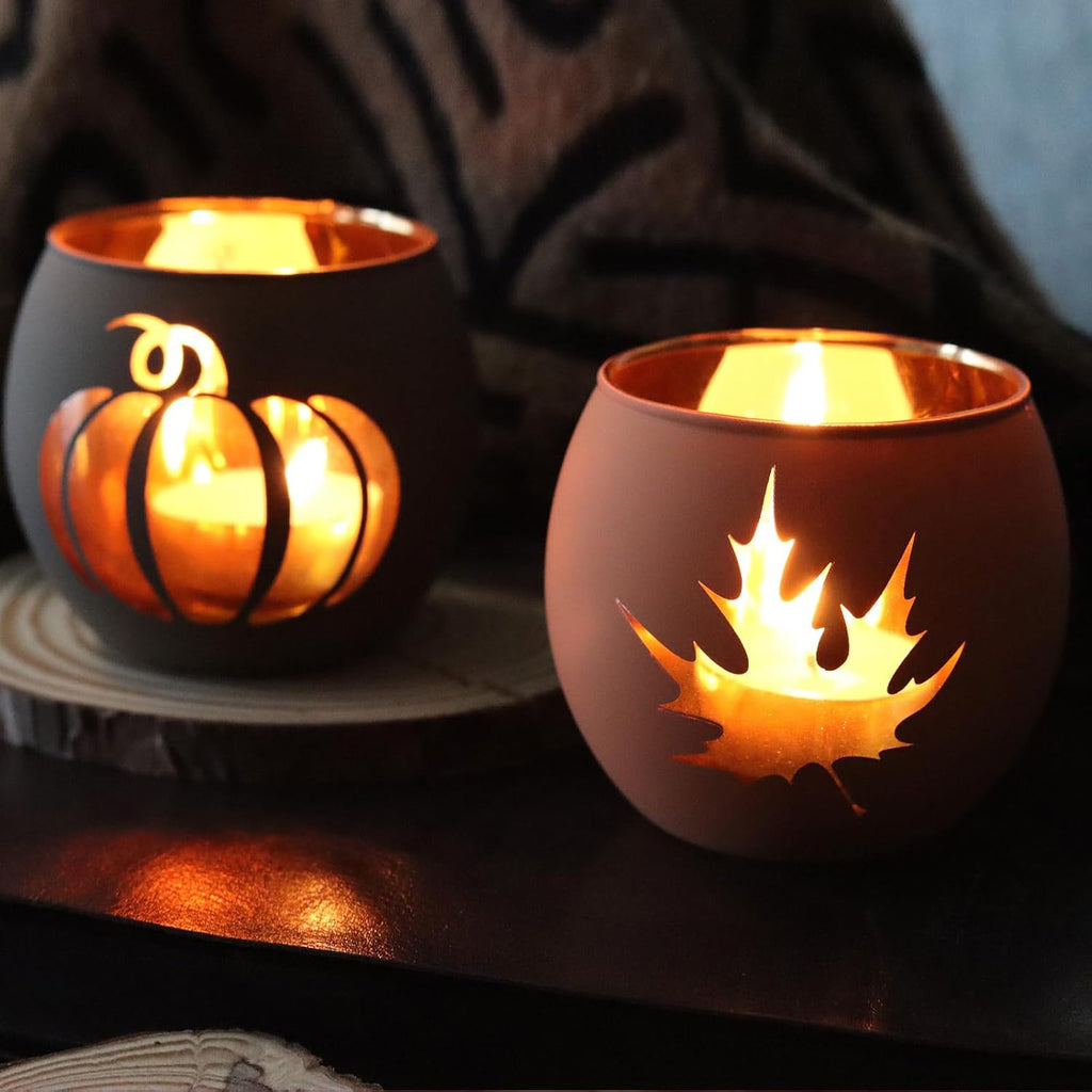Thanksgiving Votive Candle Holder Set - 6 Glass Holders with Laser Engraved Patterns for Fall Decor