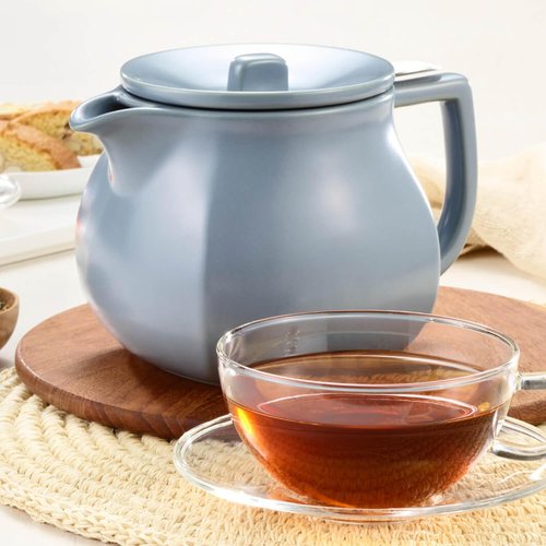 Tea Forte Fiore Ceramic Teapot with Infuser and Lid, Stone Blue, 24 oz. Ceramic Pot for Steeping Loose Leaf Tea, Dishwasher & Microwave Safe
