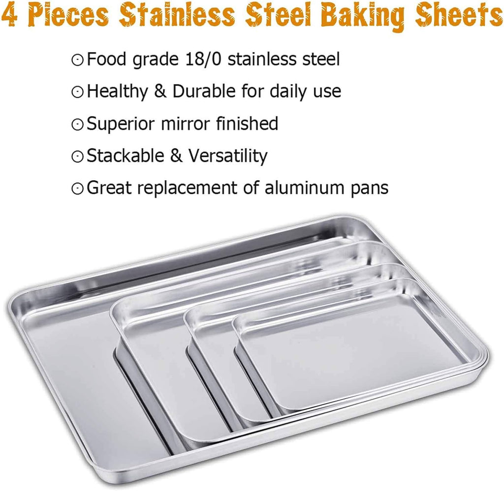 TeamFar Baking Sheet Set - 4 Stainless Steel Cookie Trays, Non-Toxic, Rust-Free, Easy Clean | 16/12.5/10/9.3 Inch