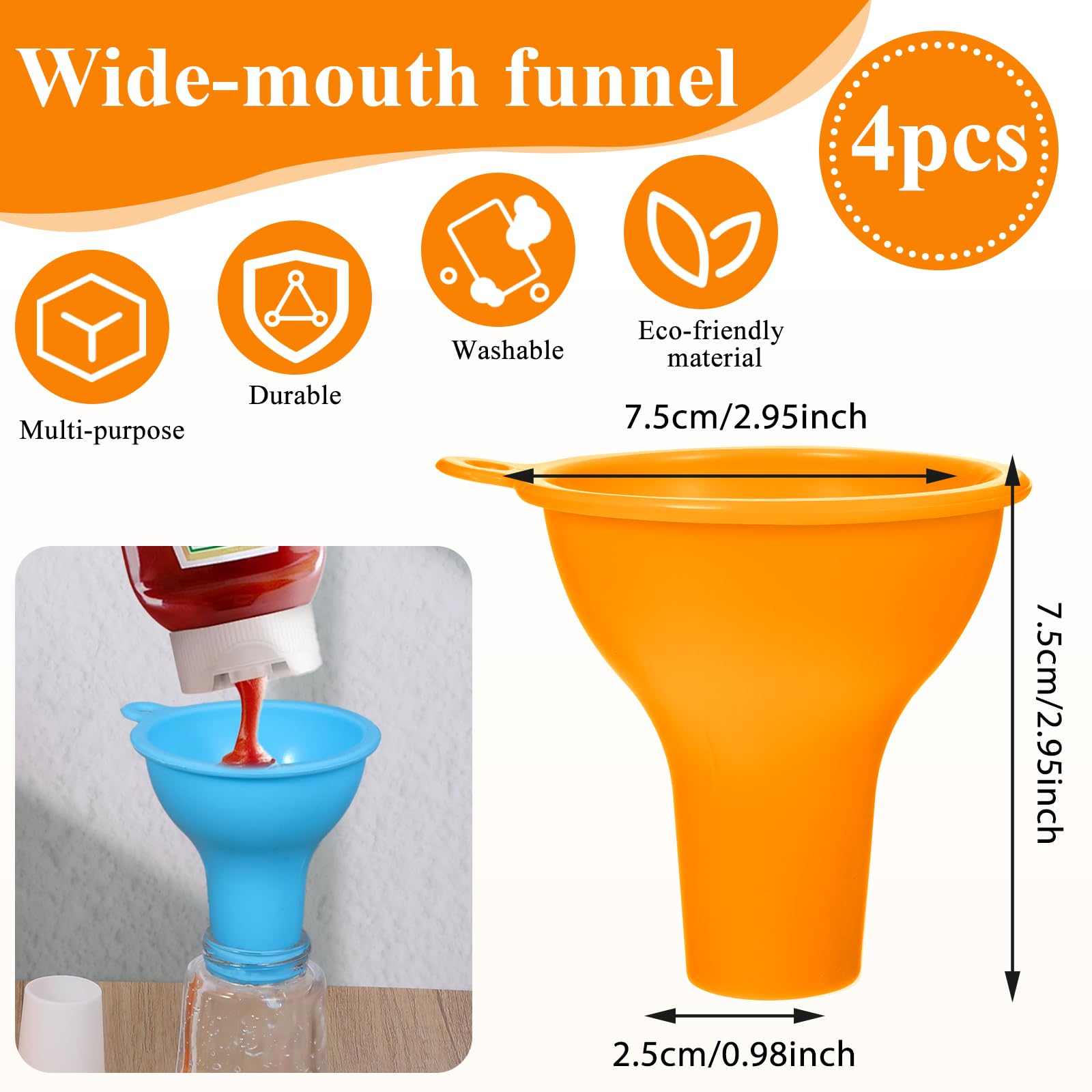 Silicone Funnels, 4 Pieces Wide Mouth Funnel Flexible Condiment Sauce Canning Set Flexible Kitchen Funnel for Home Restaurant Squeeze Bottles Jars Cans, Spice Filling Bottles Liquid Oil, 3 x 1 Inch