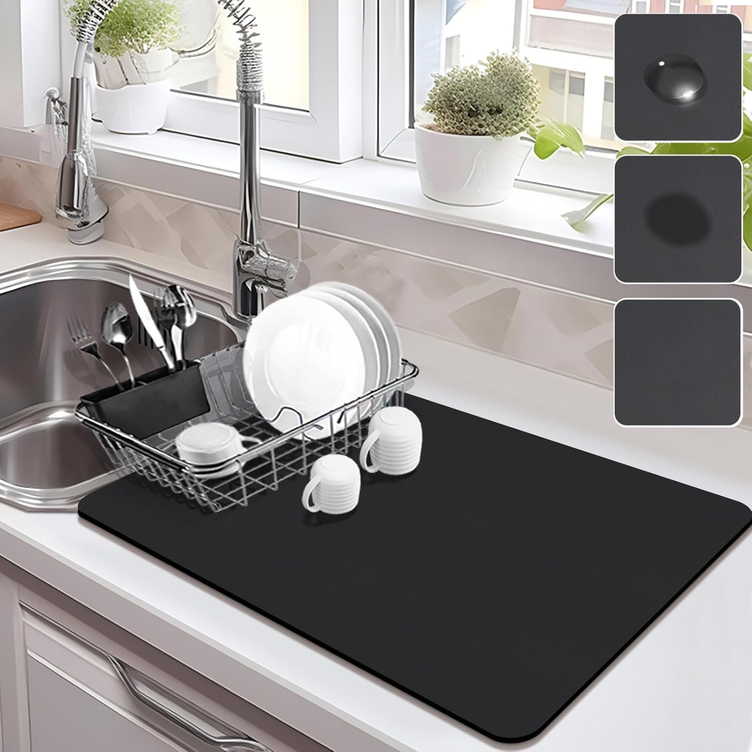 Skiennix Dish Drying Mat - Absorbent Rubber Backed Design for Kitchen Countertops | Stain Resistant