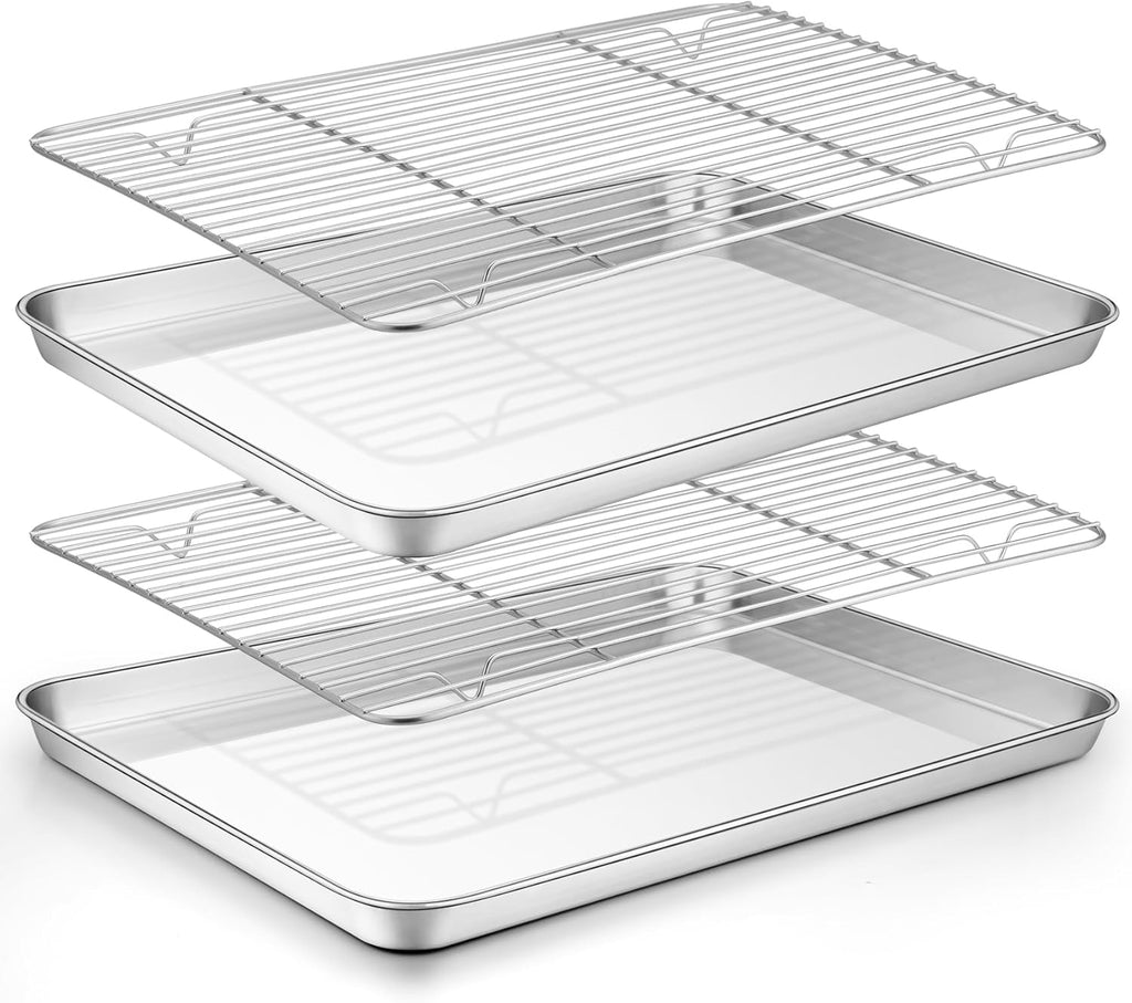 TeamFar Baking Sheet Set - Stainless Steel Cookie Pans with Racks | Non-Toxic, Easy Clean, Dishwasher Safe - 4 Pack