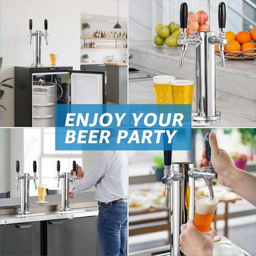 Imaictuu New Adjustable Flow Control Kegerator Tower, Upgraded Dual Tap Beer Tower Kegerator Parts 304 Stainless Steel Core Beer Faucet Includes Pre-Assembled Hose and Self-Closing Faucet