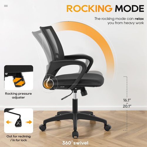 BestOffice Ergonomic Office Chair - Mid-Back Swivel Desk Chair with Breathable Backrest & Lumbar Support - Adjustable Height & Rolling Wheels - Dark Black for Adults & Women