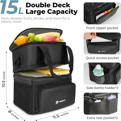 Insulated Lunch Box - Double Deck Leakproof Cooler Bag for Work & Travel | Large 15L Black