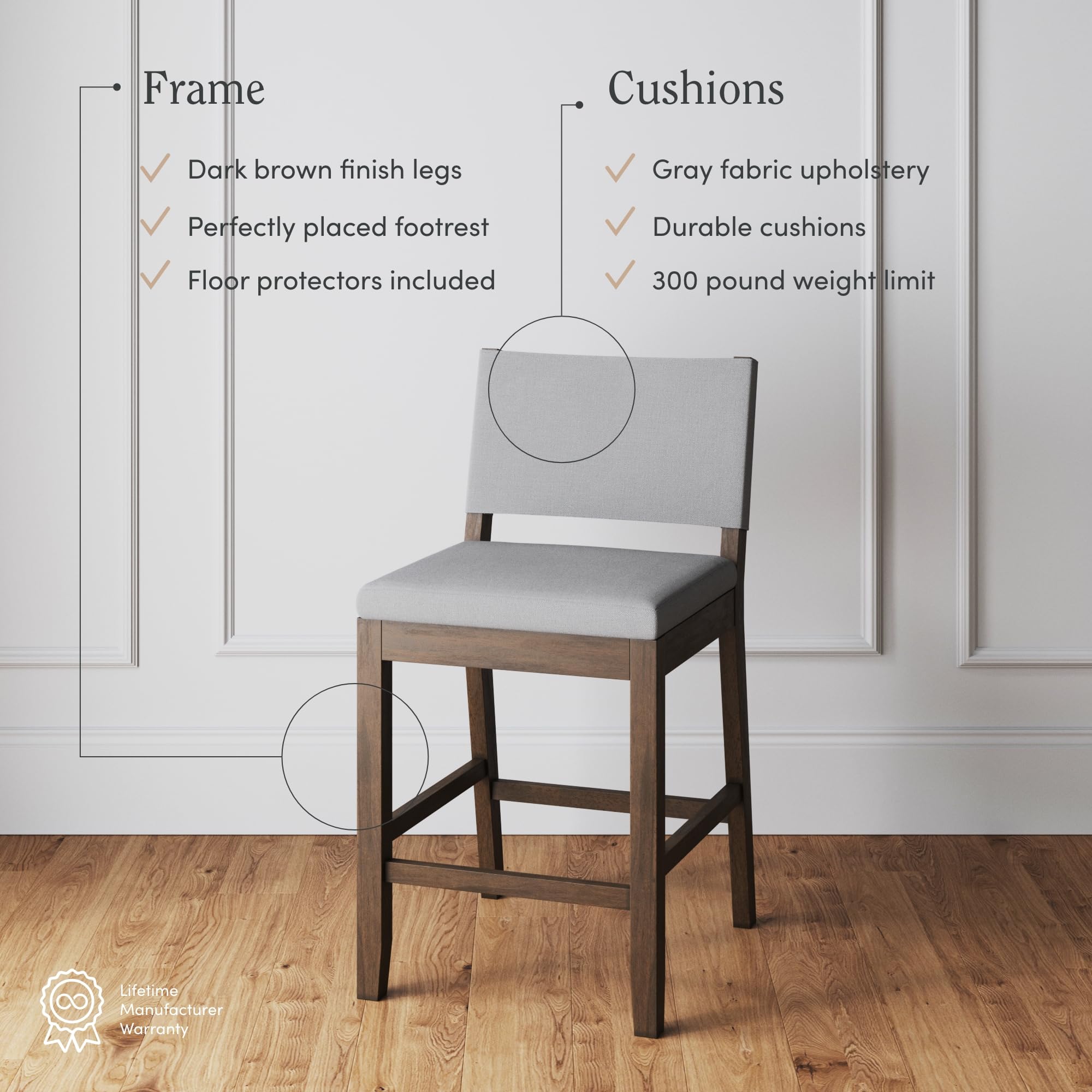 Nathan James Linus Modern Upholstered Counter Height Bar Stool with Back and Solid Rubberwood Legs in a Dark Brown Wood, Natural Light Grey/Brown