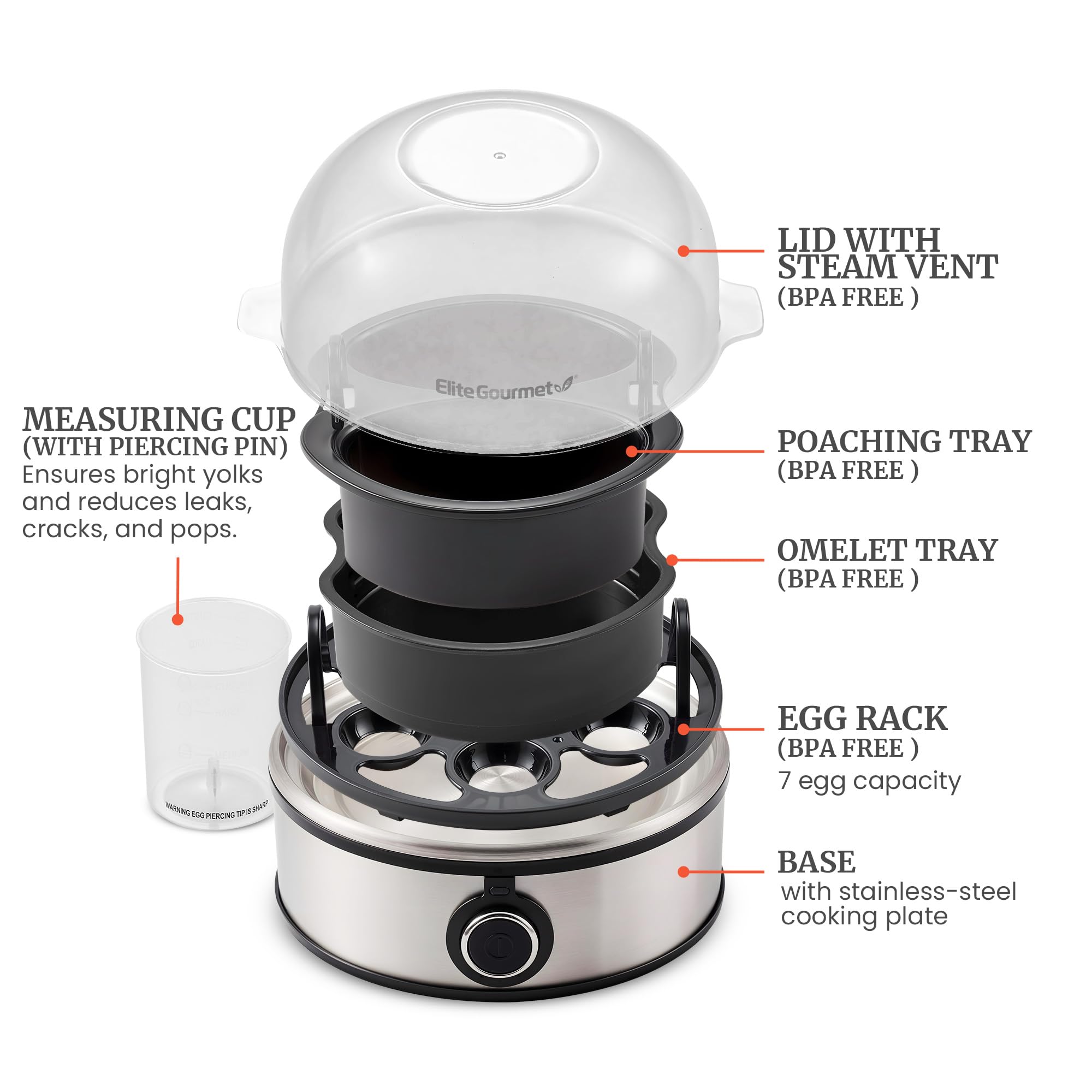 Elite Gourmet EGC855SS Easy Egg Cooker, 7-Egg Capacity, Soft, Medium, Hard-Boiled, Omelets, Poached Eggs, Plays Melody when Done, Auto Shut-Off, Measuring Cup, Stainless Steel