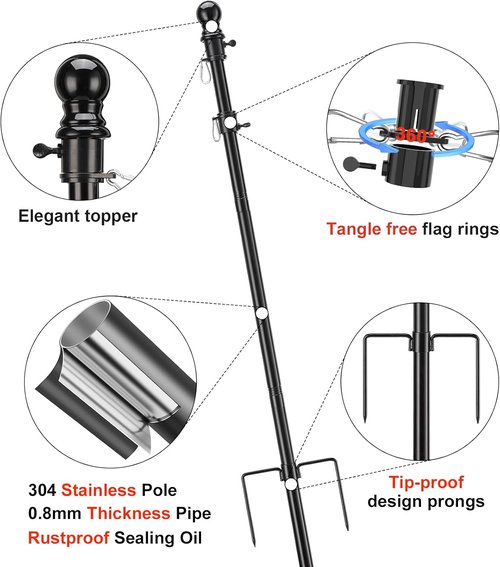 Heavy Duty Ground Flag Pole Kit - 8.5FT Tangle-Free Inground Flagpole with Windproof Prong | Black