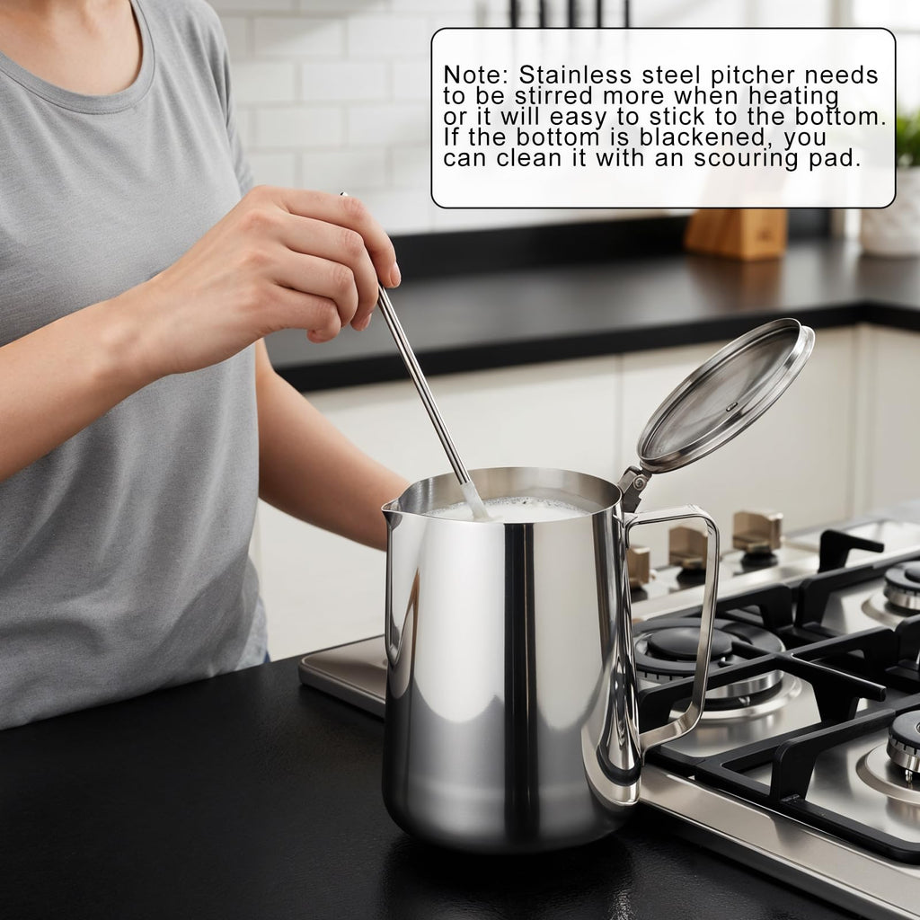67 oz 304 Stainless Steel Pitcher with Lid, 2 L Large Mouth Graduated Beakers, Large Metal Measuring Cup with Handle, Milk Frothing Jug for Latte Art, Espresso Machines, Iced Tea