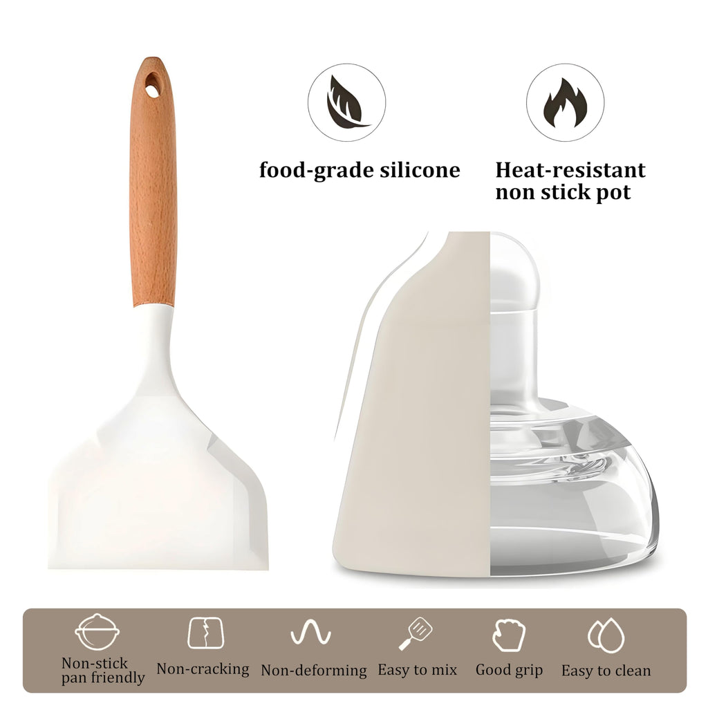 SoKalChw Wide silicone spatula tamagoyaki shovel turner for Omelette pan pancakes, eggs, fish, steak and pizza, Nonstick cookware, Wooden handle (White)