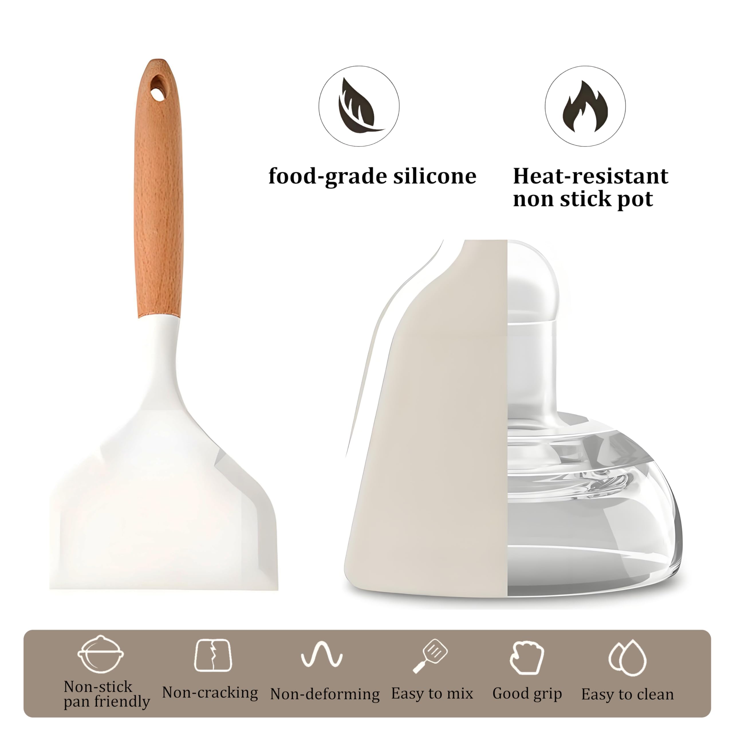 SoKalChw Wide silicone spatula tamagoyaki shovel turner for Omelette pan pancakes, eggs, fish, steak and pizza, Nonstick cookware, Wooden handle (White)