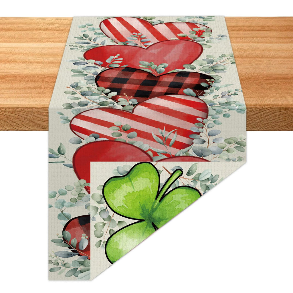 St. Patrick's Day Linen Table Runner Valentine's Day Table Runner Eucalyptus Hearts Lucky Shamrock Tables Decoration for Dinning Kitchen Home Party Decoration Supplies (13 x 72Inch)