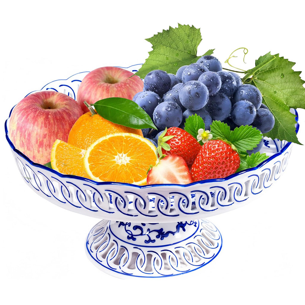 YYMayLsh Decorative Porcelain Fruit Bowl with Pedestal, Blue and White Floral Pattern, 11x5.7 inches