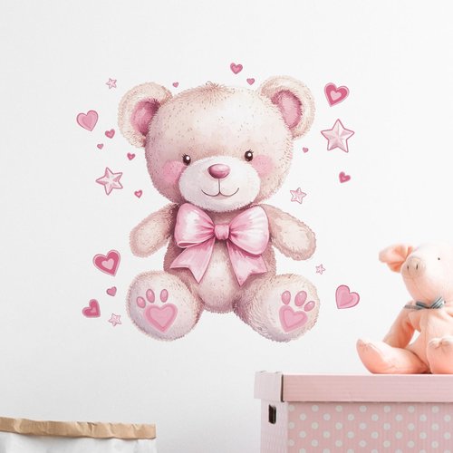 RoyoLam Cute Pink Teddy Bear Doll Wall Stickers Nursery Wall Decals for Kid Girl Baby Removable Peel and Stick Wall Art Home Decor Decoration for Classroom Preschool Living Room Bedroom