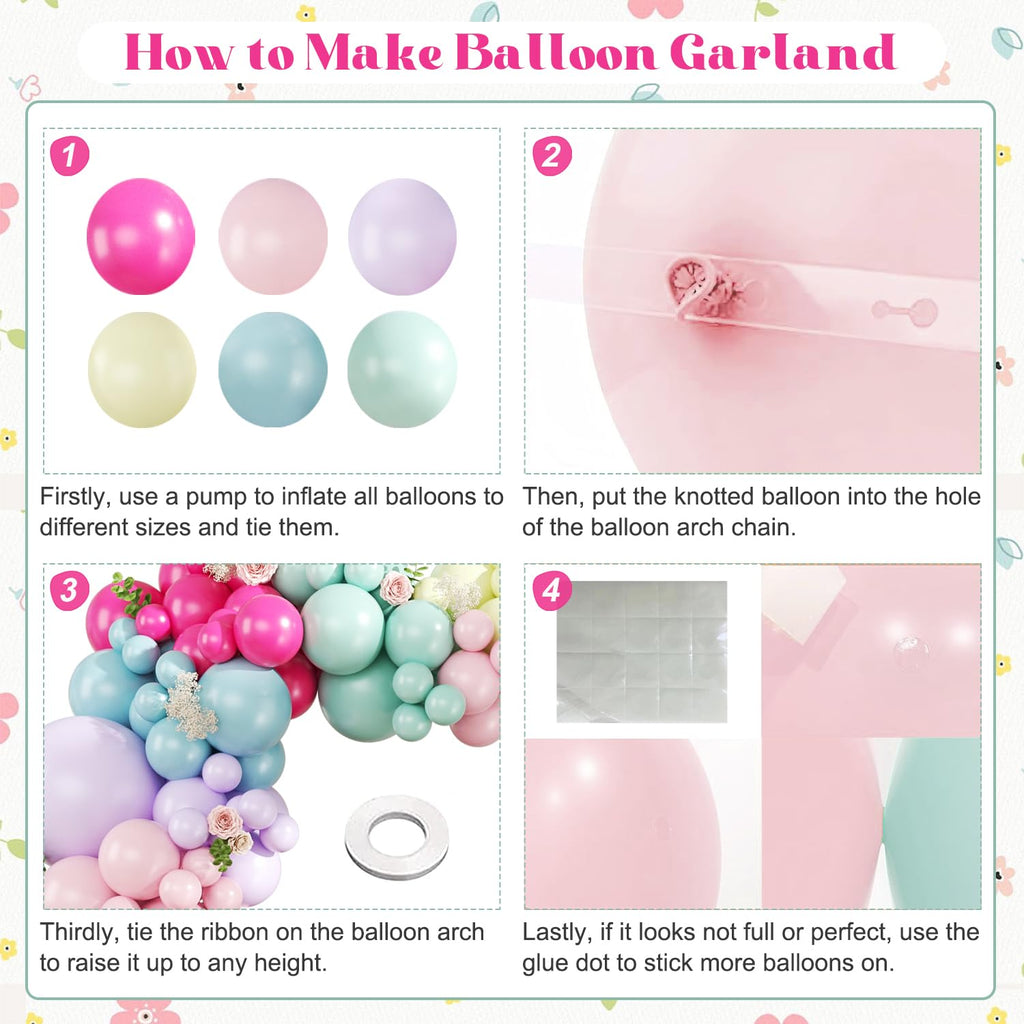 Wildflower Balloon Arch Kit, 124Pcs Pastel Balloon Arch Kit Includes Hot Pink Light Pink Blue Green Purple Yellow Balloons for Birthday Baby Shower Wedding Spring Summer Party Decorations