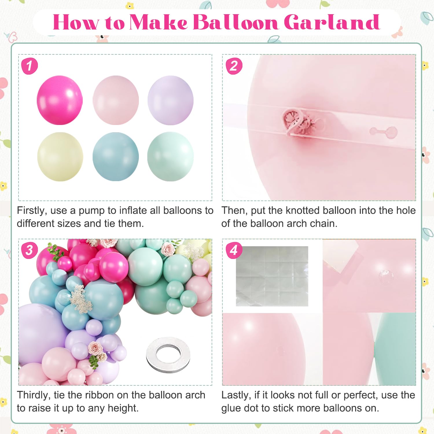 Wildflower Balloon Arch Kit, 124Pcs Pastel Balloon Arch Kit Includes Hot Pink Light Pink Blue Green Purple Yellow Balloons for Birthday Baby Shower Wedding Spring Summer Party Decorations