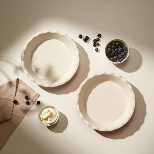 KooK Ceramic Pie Pan - Reusable Round Baking Dish for Quiche & Casseroles | 9-Inch, Wave Edge, Set of 2, Cherry