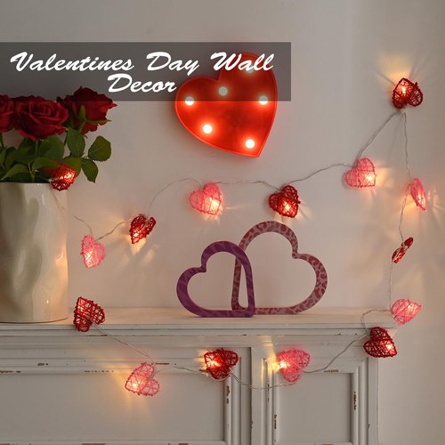 [Timer] Valentines Day Garland Lights Red Pink Heart Light 10FT 20LED 3D Hollowed Rattan Heart String Light Battery Operated, Valentines Day Lights Romantic Valentine Decoration Bedroom Party