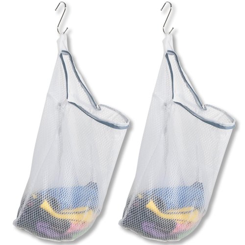 2Pcs Mesh Hanging Laundry Bags for Washing Machine, 15 X 12 inch Wash Bag for Clothes Delicates Lingerie with S Hooks