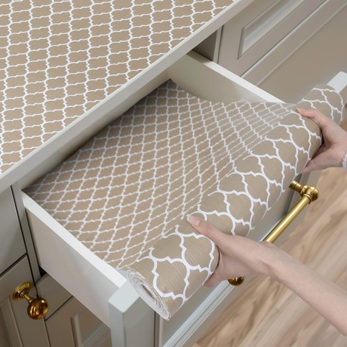 Shinlendid Shelf and Drawer Liner for Kitchen Cabinets Non-Adhesive, Strong Grip Non-Slip Thickened Cabinet Liners for Shelves, Waterproof Mats for Dresser Cupboard, Beige, 12 in x 20 Feet