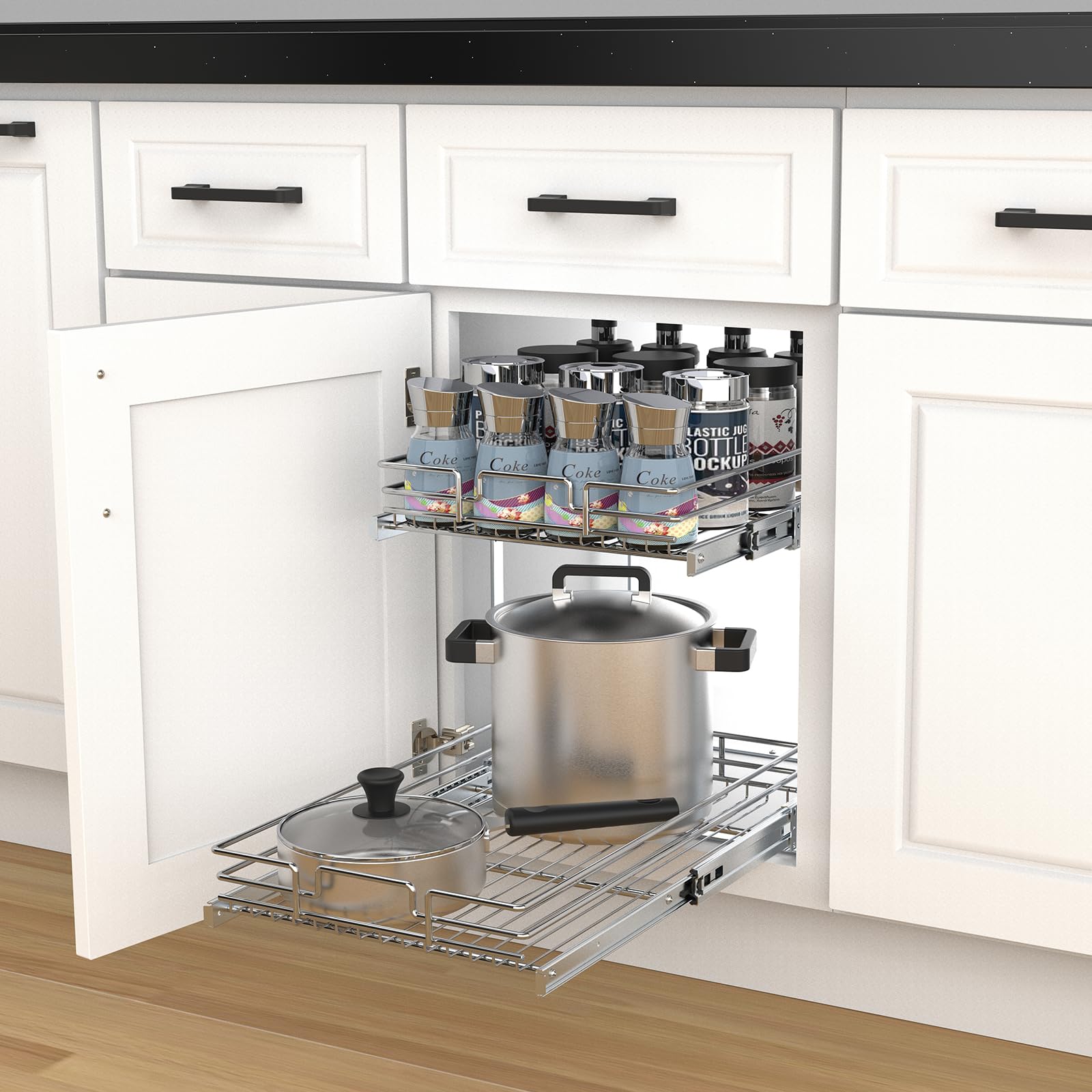 2 Tier Pull Out Cabinet Organizer, 17" W x 21" D Heavy-Duty Metal Sliding Drawer Shelf for Kitchen Cabinets, Chrome, Doesn't Include Door Fittings
