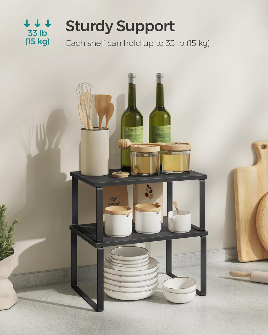 SONGMICS Kitchen Organizer Shelves - Set of 4 Stackable & Expandable Spice Racks | Ink Black & Ebony Black