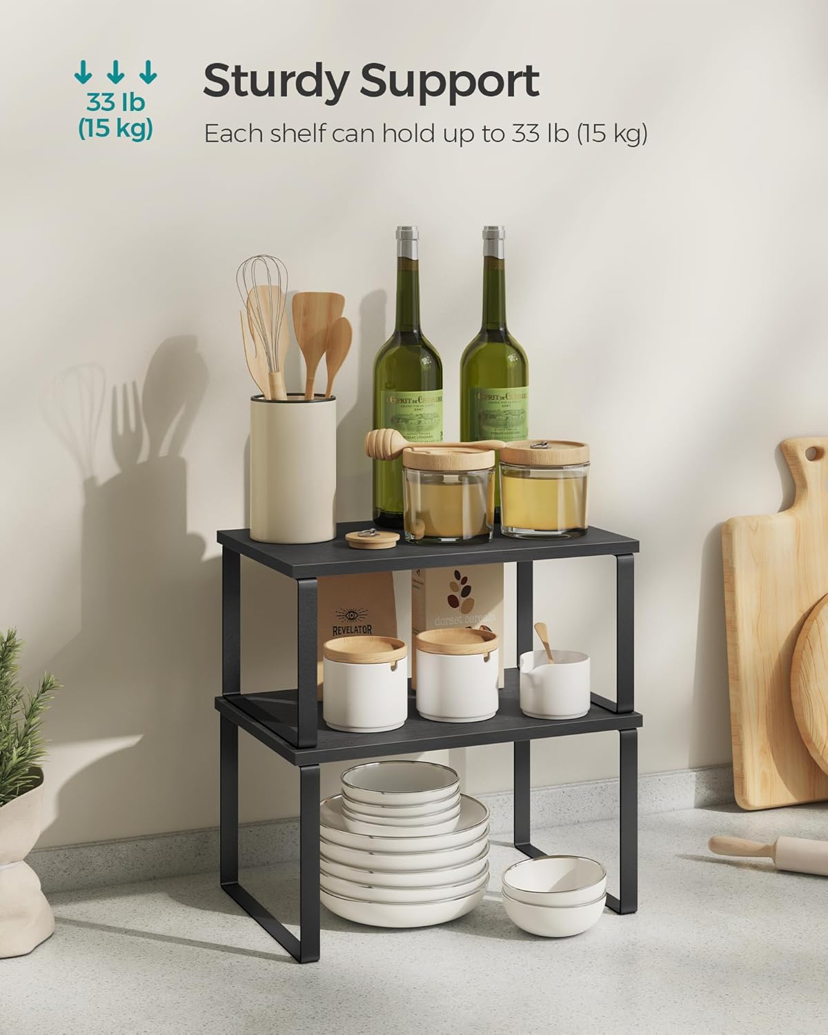 SONGMICS Kitchen Organizer Shelves - Set of 4 Stackable & Expandable Spice Racks | Ink Black & Ebony Black