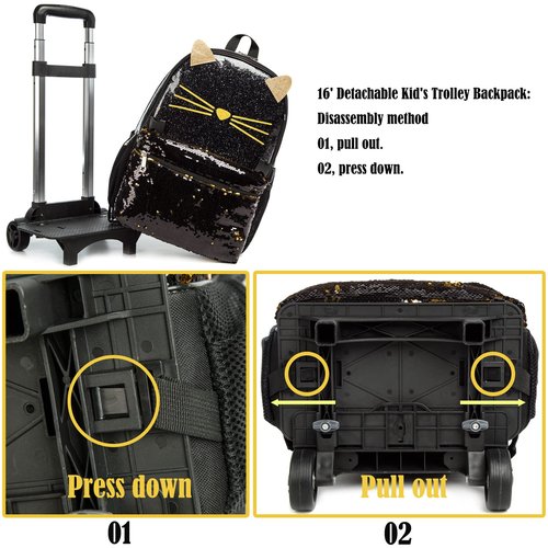 Egchescebo Cat School Bags Kids Rolling Backpack for Girls Luggage Kids Suitcase With Wheels Trolley Wheeled Backpacks Travel Bags 3PCS Lunch Box Pencil Case Backpacks for Girl‘s Black