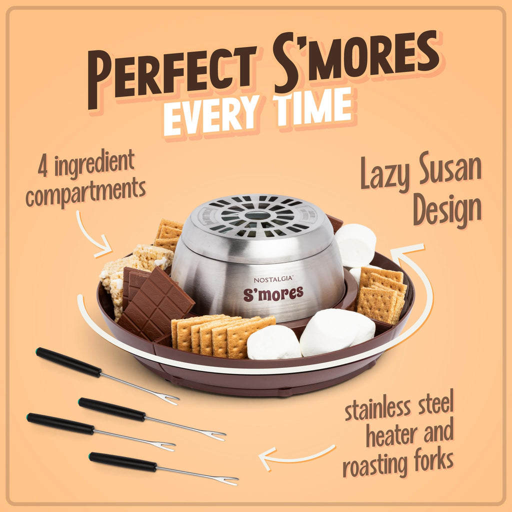 Nostalgia Indoor Electric Stainless Steel S'Mores Maker with 4 Lazy Susan Compartment Trays for Graham Crackers, Chocolate, Marshmallows and 4 Roasting Forks, Brown