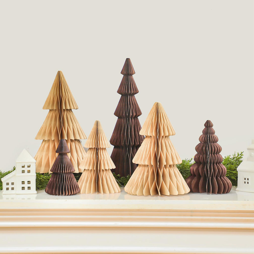 ReliThick 6 Pcs Paper Christmas Tree Decor 3D Honeycomb Trees Table Centerpiece for Modern Christmas Mantel Decorations Home Xmas Holiday Party Decorations (White, Brown)