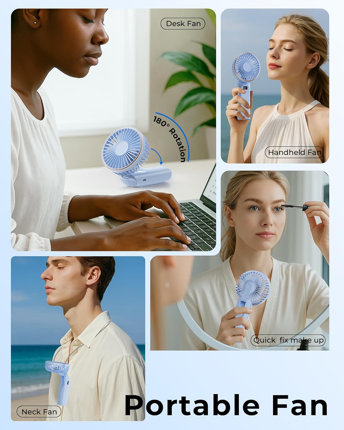 TUNISE Portable Handheld Fan - Rechargeable 4000mAh Battery | 180° Adjustable, 6 Speed Settings, Quiet Design