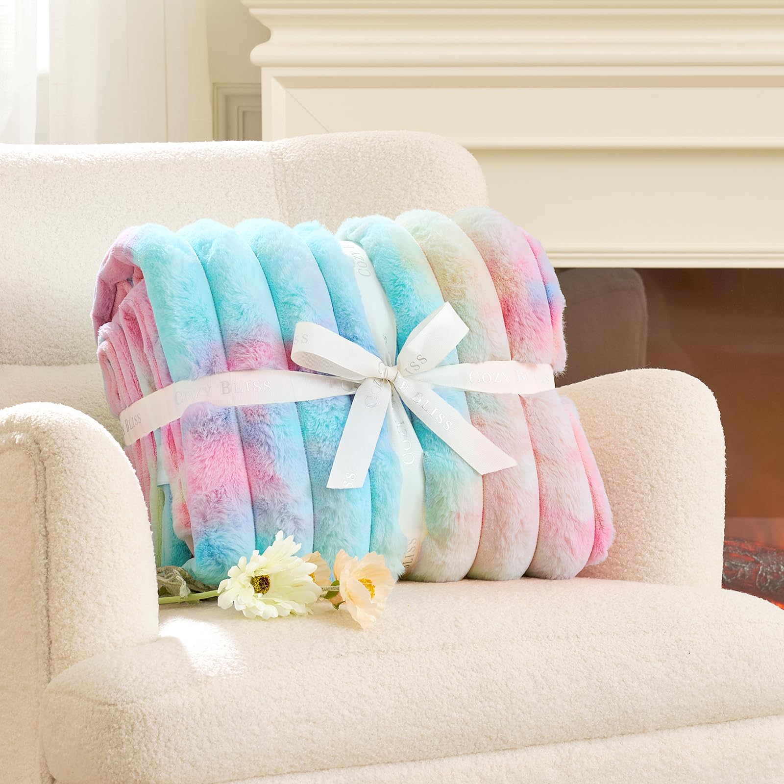 Cozy Bliss Faux Fur Throw Blanket for Couch, Cozy Warm Plush Striped Blanket for Sofa Bedroom Living Room, 50 * 60 Inches Tie-dye Rainbow