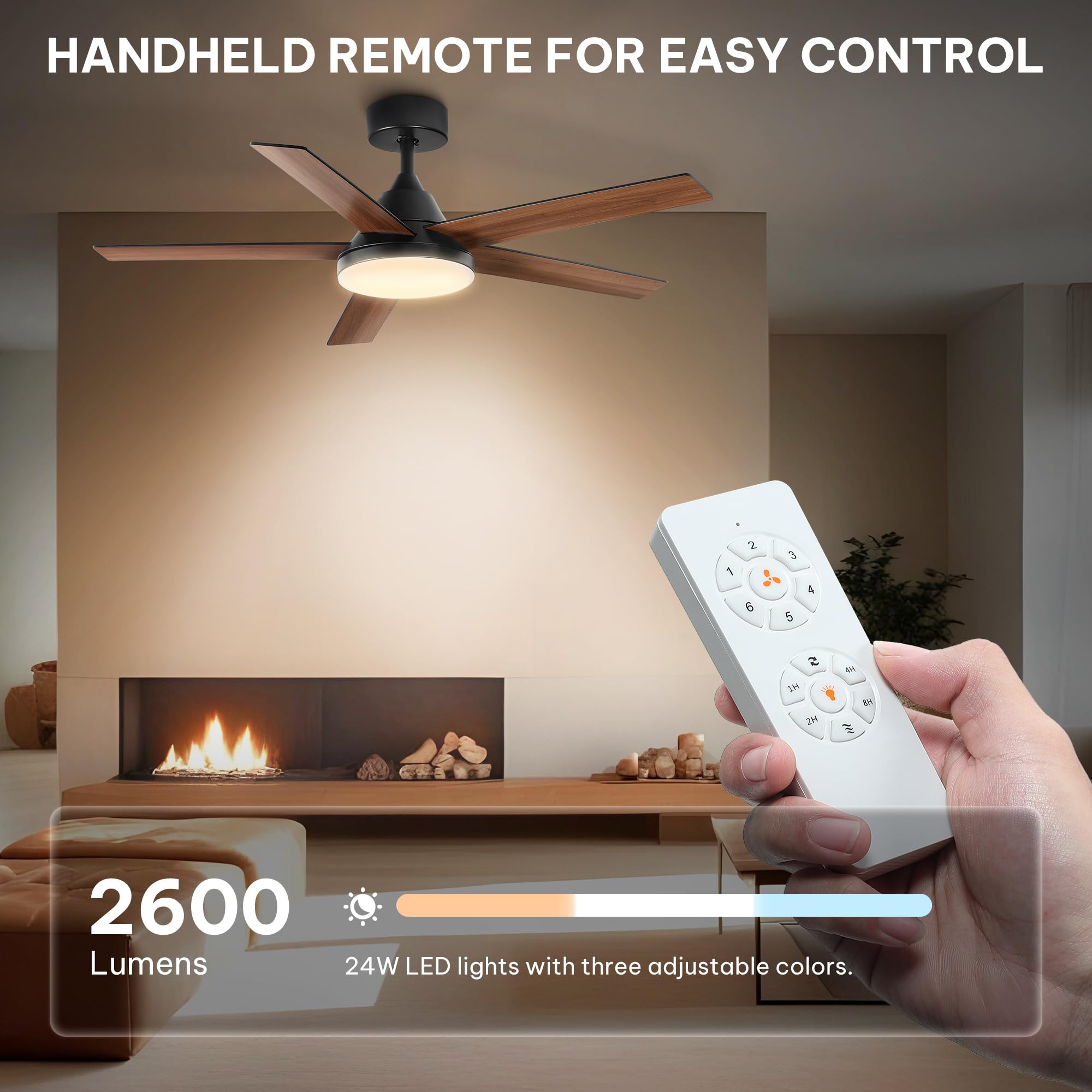 YITAHOME 52" Ceiling Fan with Lights & Remote, 3502 CFM, 3 CCT, 4 Timer Modes, 5 Reversible Dual Finish Blades, Modern Ceiling Fan with Quiet DC Motor for Living Room, Patio, Black & Walnut