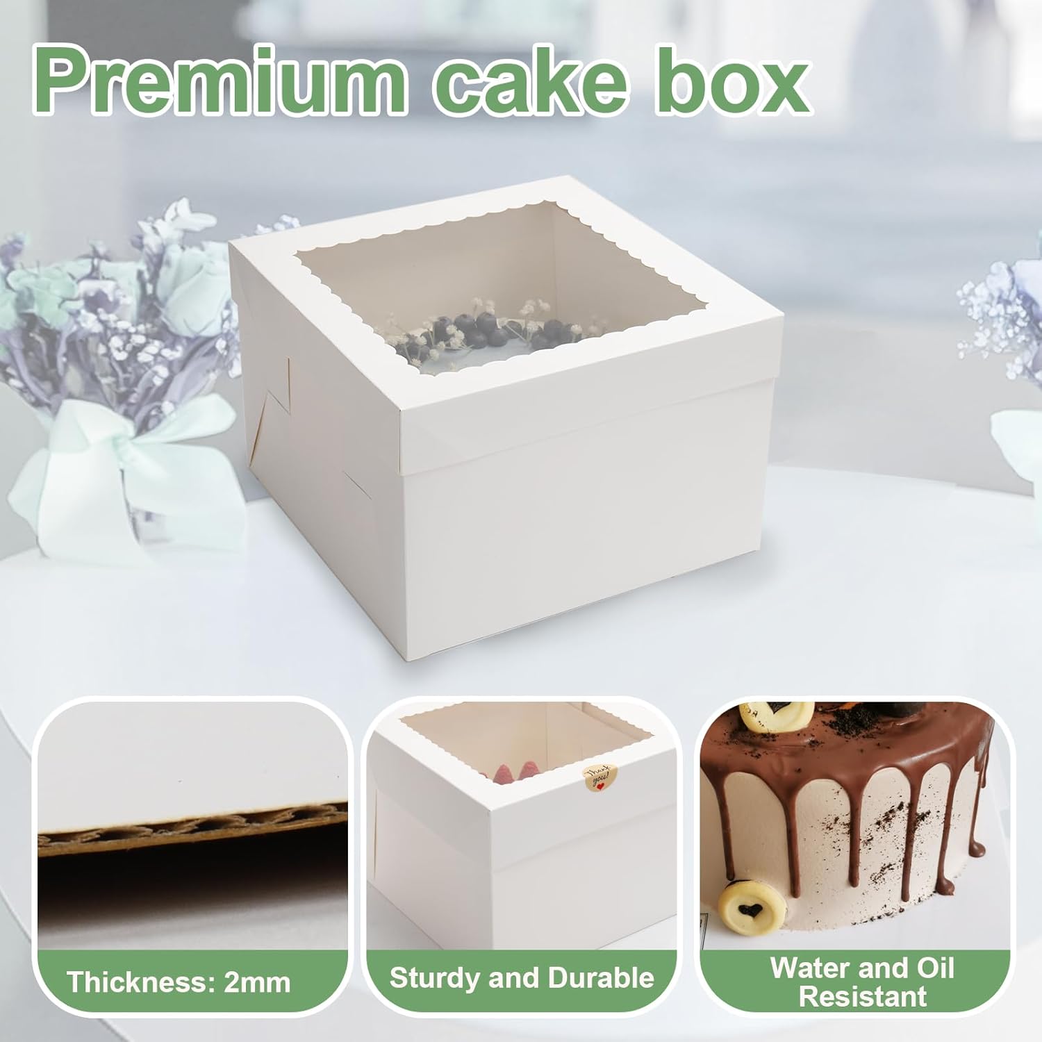Regine Switzerland Cake Boxes - 12x12x8 Inches Tall White Bakery Boxes with Large Window | 2 Pack for Cakes, Cookies, Pies