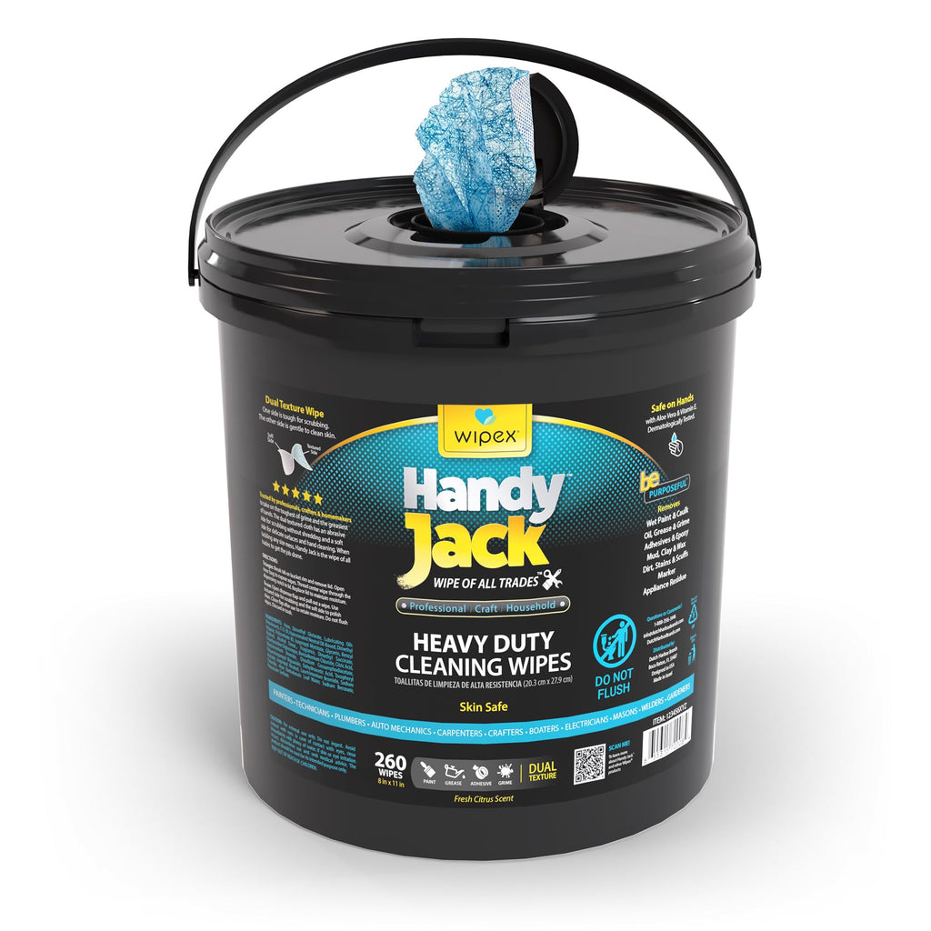 Wipex Handy Jack Heavy Duty Wipes, Dual Texture Cleaning Cloth, Use on Hands, Equipment, Tools - Removes Paint, Adhesives, Oil, Grease, & Dirt, Bulk Size, 260 Count (Pack of 1)