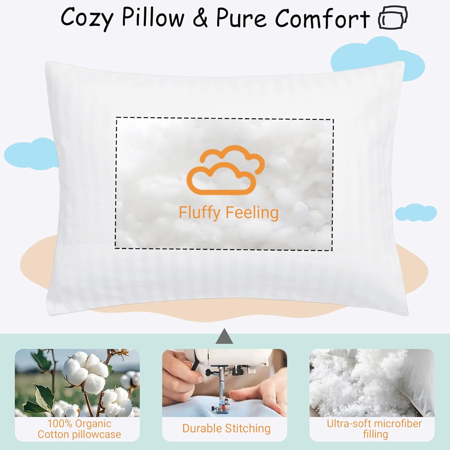 ZPECC Toddler Pillow - Hypoallergenic Organic Cotton 13x18 Kids Pillow with Pillowcase | White Stripe