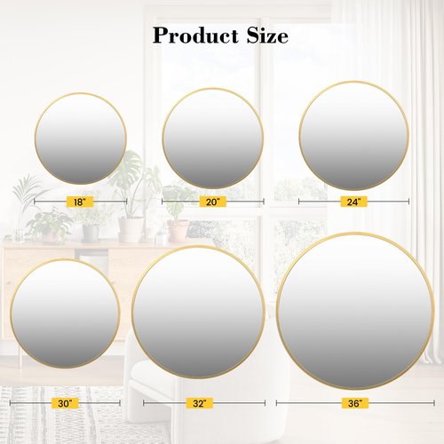 36" Gold Round Mirror for Wall, Large Circle Bathroom Mirror, Matte Gold Metal Frame, HD Eco-Friendly Glass, Contemporary Vanity Entryway Hallway Living Room Home Decor, Easy to Hang