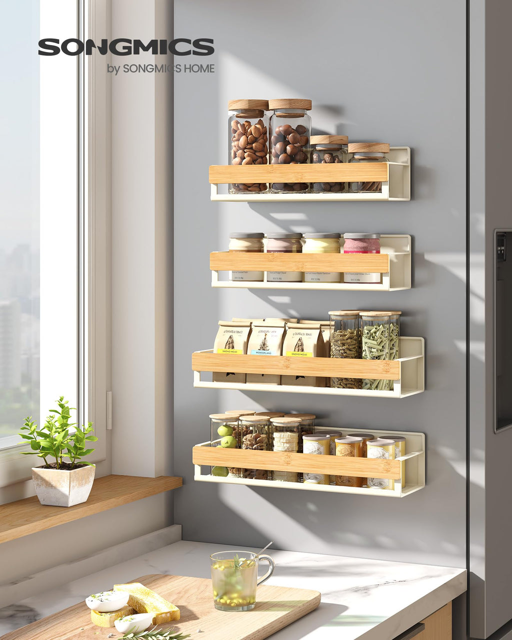 SONGMICS Magnetic Bamboo Spice Rack for Refrigerator, 4 Pack, 2 Large and 2 Small Kitchen Magnetic Shelves for Washing Machine, Spice Organizers, No Drilling Needed, Cream White UKCS062WD01