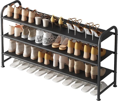 INGIORDAR Shoe Rack - 3-Tier Metal Organizer for Closet & Entryway - Wide Black Storage Solution