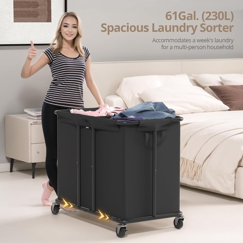 Hodonas Laundry Hamper - 2-Section 230L Rolling Clothes Basket with Silent Casters & Detachable Bags - Black