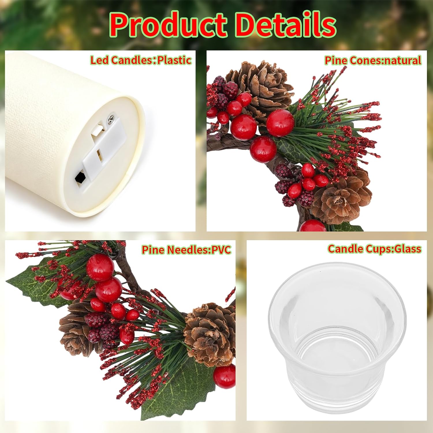 Regine Switzerland Candle Rings Set of 6 - Festive Christmas Wreaths with Red Berries & Pinecones