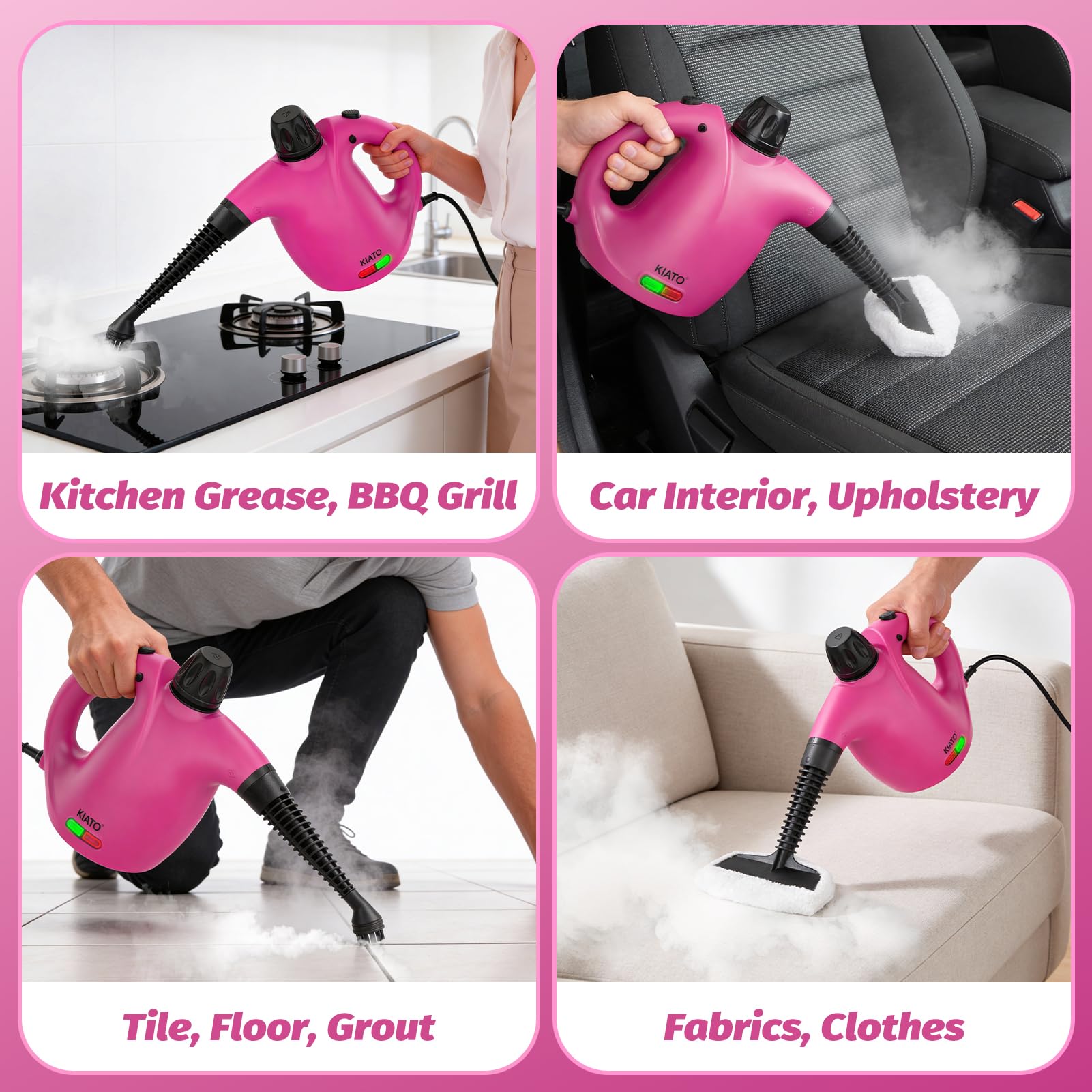 KIATO Handheld Steam Cleaner, Hand Held Steamer for Cleaning Home, Portable Pressurized Steamers for Upholstery Furniture Sofa Couch Floor Tile Grout Bathroom, Pink, SC23